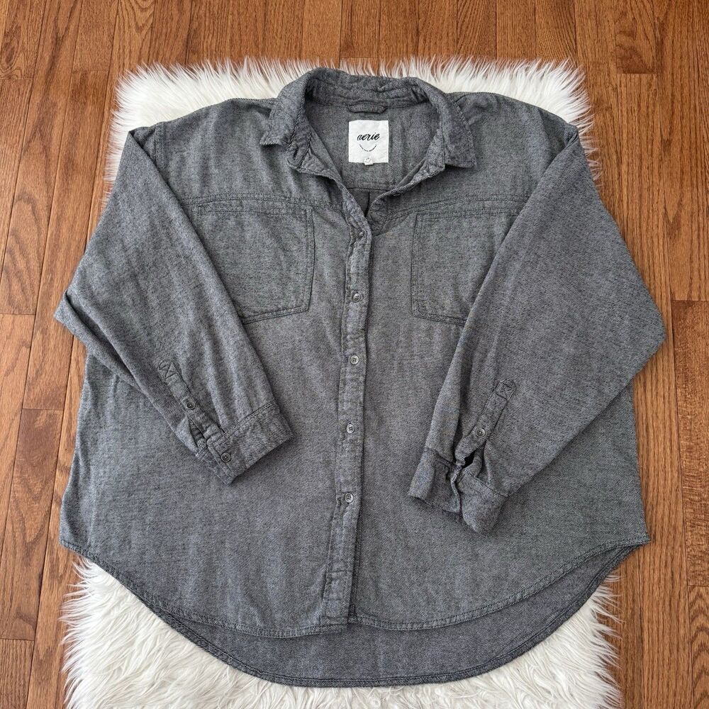 Aerie Anytime Fave Twill Flannel Shirt Women’s XL  Gray Striped Oversized Button - Picture 2 of 14